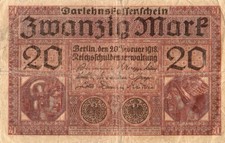 Genuine 20 Mark German empire banknote 1918 world war I fine con !!!!!