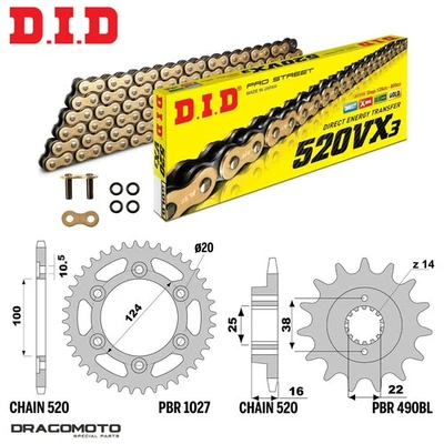DUCATI SUPER SPORT 750 2001-2002 chaîne pignon couronne set DID 520VX3 pas 520 - Photo 1/4