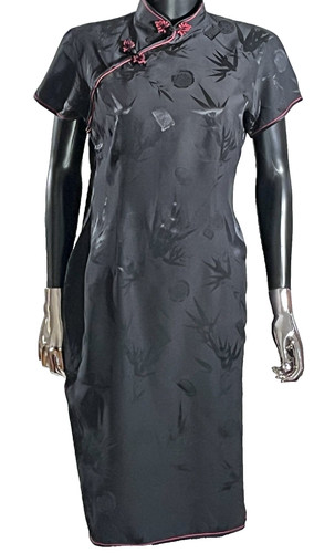 Vintage Women's Dress  Black Red Floral 100%  Silk Cheongsam Qipao  Size 40 Midi