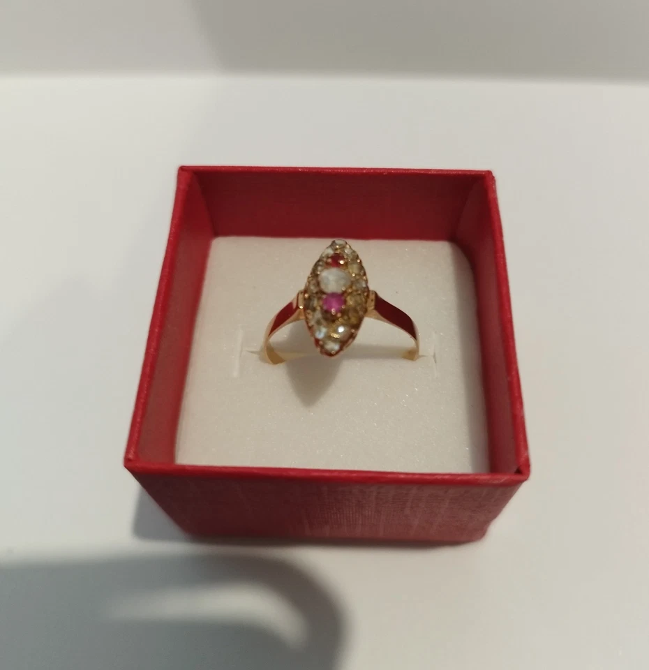 BAGUE OR JAUNE  18 CARATS  MARQUISE DIAMANTS ANCIENS ET RUBIS TDD 51 - Photo 4/4