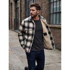 AllSaints Mens XL Sherpa Lined Wool Blend Plaid Jacket Coat Shirt Jacket Shacket