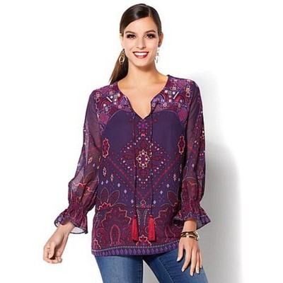 Colleen Lopez Purple Border Print Tunic Top Embroidered Blouse XS NEW