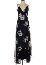 Lulus Dress Womens Medium Navy Blue Floral Wrap Maxi Whimiscal Fairy Feminine