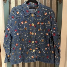 Lifestyle VTG Embroidered Denim Jacket Top Floral Button-Up Medium Art To Wear