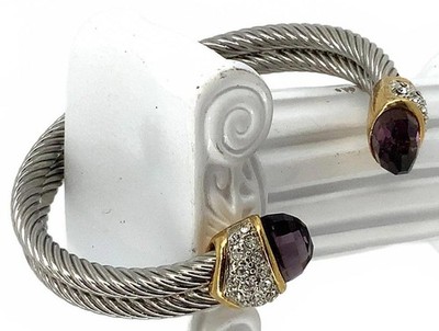 Vintage Silvertone Cable Designer Style Purple Resin Cuff Bangle Bracelet