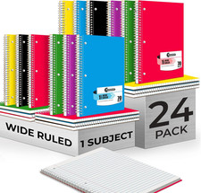 Spiral Notebooks, 24 Pack, 1 Subject Notebook, Wide Ruled, 70 Sheets, 8 X 10-1/2