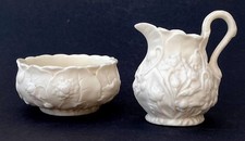 Antique Minton Parian Ware Cream Jug & Sugar Bowl Water Lilies Pattern c1870