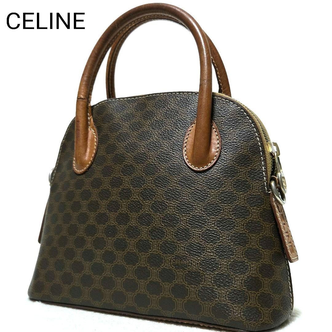 CELINE Mini Dome Bag Macadam Triomphe Brown Leather PVC Gold Hardware Authentic
