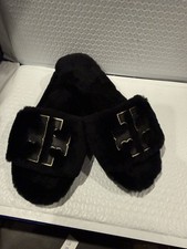 Tory Burch Black/Gold Double T Shearling Slide Slippers Sz 7