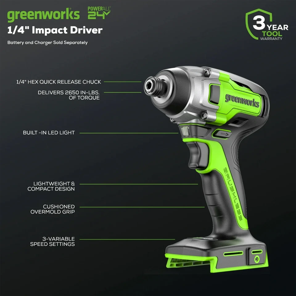 Greenworks 24V Brushless 1/4" Hex Chuck Impact Driver 24BID6  Tool Only - Image 2 of 3