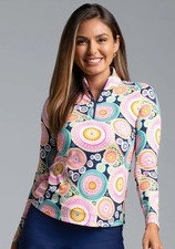 NWT Ladies IBKUL LEONA NAVY MULTI Long Sleeve Mock Golf Shirt XS S M