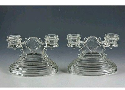 Pair Anchor Hocking Manhattan Depression Glass Double Candle Sticks - L E Smith