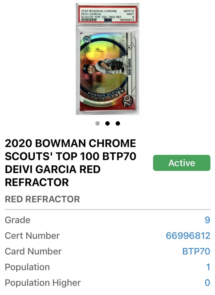DEIVI GARCIA RC /5 RED REFRACTOR YANKEES BOWMAN CHROME POP 1 PSA 9 MINT GRADE - Image 2 of 4