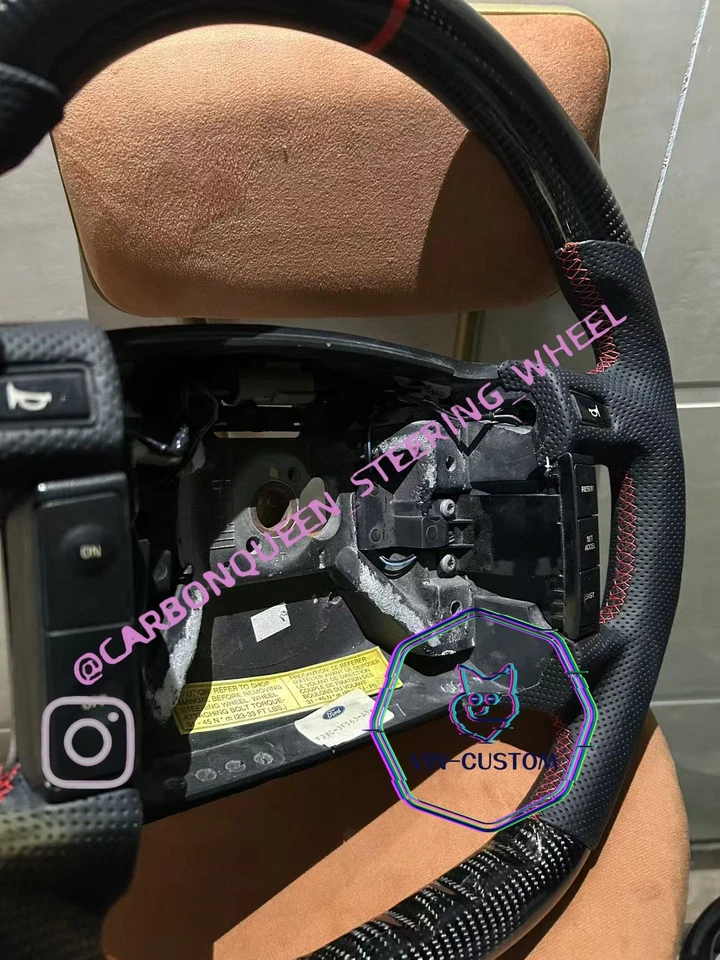 90-93 YEARS Ford Mustang  CARBON FIBER STEERING WHEEL W/ BK LEATHER RED RING - Image 2 of 3