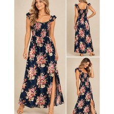 Altar'd State Womens Small Navy Floral Maxi Dress Smocked Off Shoulder Boho Slit