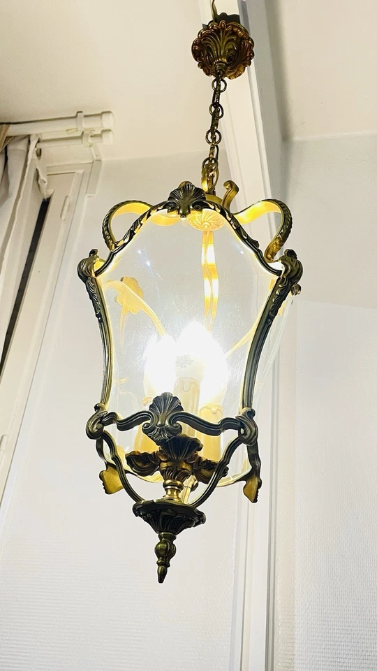 Importante lanterne en bronze style Louis XV en Très bon État  verres galbés - Photo 4/4