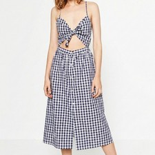 Zara Navy Gingham Tie Front Cut Out Button Down Retro Midi Dress Medium