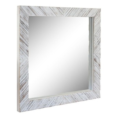 Brown 20'' x 20'' Square Textured Worn White Wooden Chevron Hanging Wall Mirror...