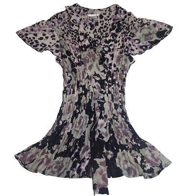 Fred David Women Blouse Sz L Purple Gray Black Super Stretch V Neck Short Sleeve