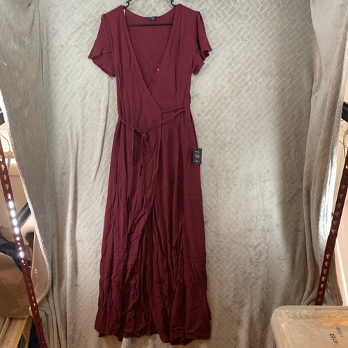 Lulus Womans Small Dress Maroon Red Gauze Long Maxi Wrap V Neck Short Sleeve