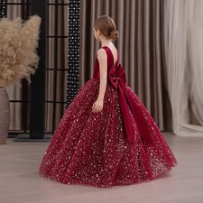 Kids Girls Sequin Bow Bridesmaid Princess Long Dress Party Fancy Wedding Dresses
