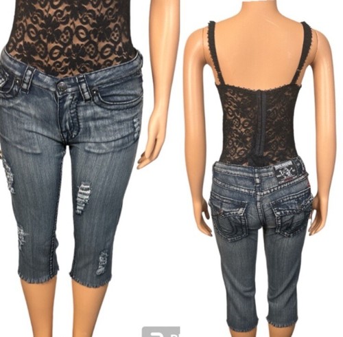 Y2K True Religion Jeans Distressed Capri,Frey Hem Big Billy T Urban Cow Size 29 - Picture 5 of 19