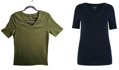 Ex M\u0026S Womens 100% Cotton V-Neck Half Sleeve Fitted T-Shirt White Navy Size  6-20 | eBay UK