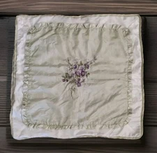 Euro Pillow Sham 26x26 Vintage Cottagecore Icy Green Satiny Embroidery Flowers