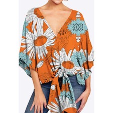Printed Deep V Tie Hem Blouse