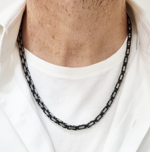 Chain Necklace Men's Stainless Steel Jersey Byzantine Silver And Black Punk Rap Chain Necklace Men's Stainless Steel Jersey Byzantine Silver And Black Punk Rap