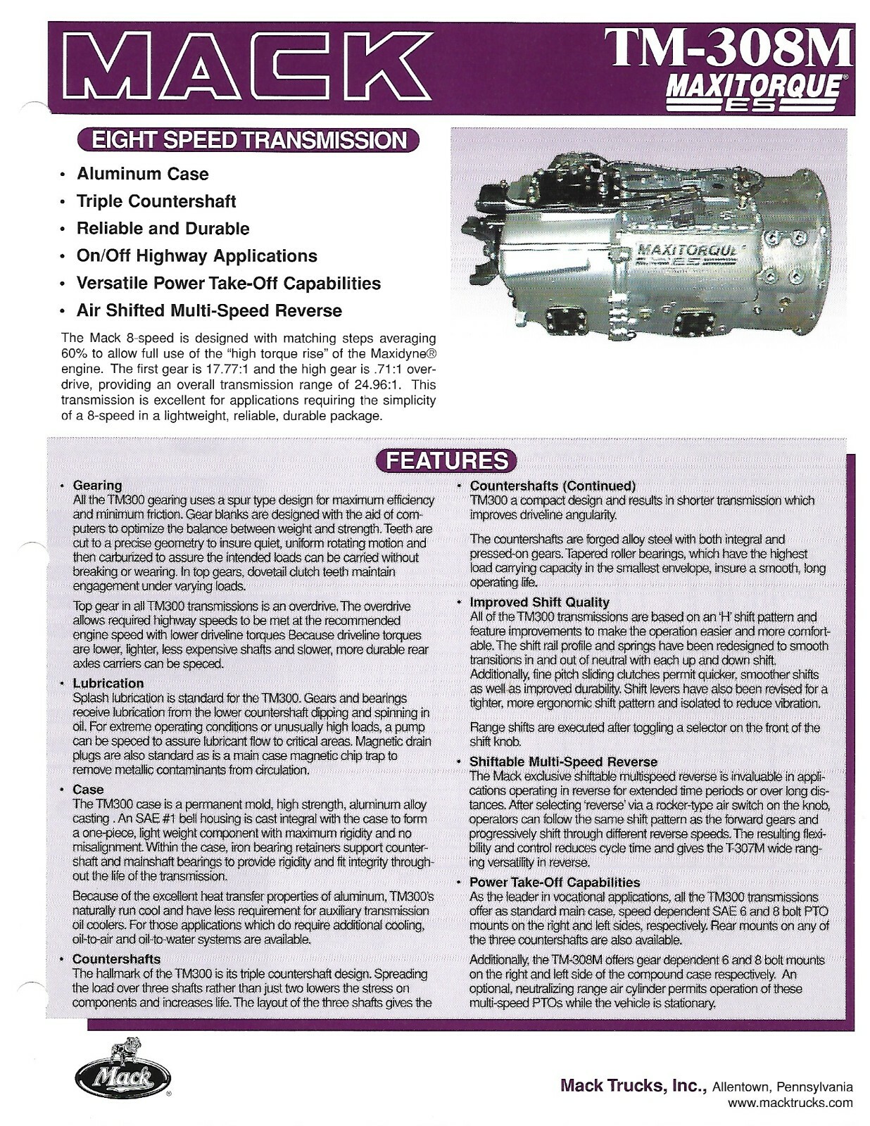 Truck Transmission Data Sheet - Mack TM-308M Maxitorque ES 2002 Brochure (T3439)