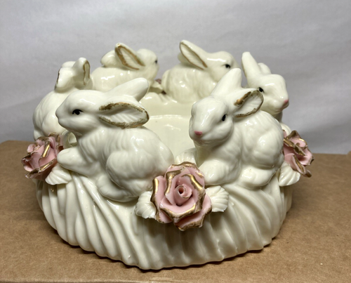 Vintage Cream Ceramic Large Candleholder / Plant H. Rabbits Circle Pink Rose - Bild 4 von 12