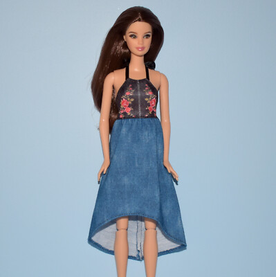 Genuine Barbie Sleeveless Black Floral Top, Blue Denim Skirt Hi-Low Hem Dress
