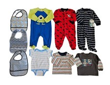 9PC Mixed Lot Fall/Winter Clothing Infant Baby Boys Size 6-9 Mos Sleepers Bibs 