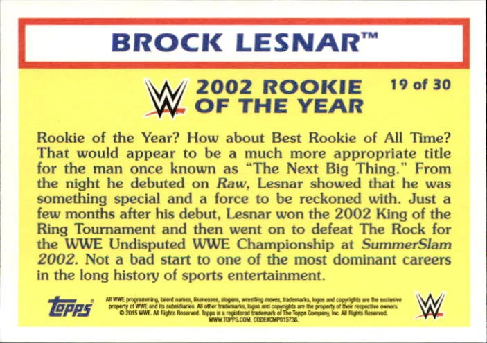 Brock Lesnar 2015 Topps Heritage WWE Rookie Of The Year Card #19 - Image 2 of 2