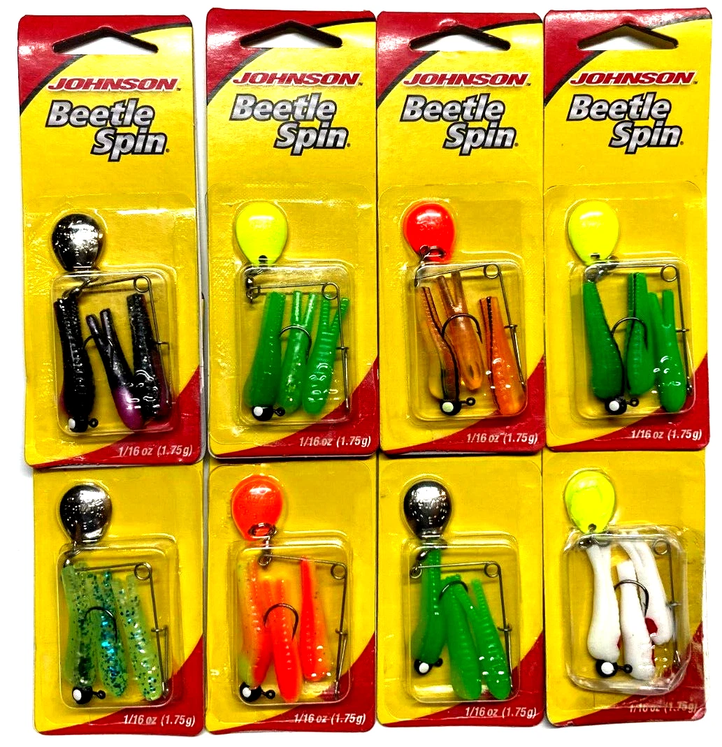 8 Packs Johnson Beetle Spin 1/16oz Assorted Color 3 Count Pack