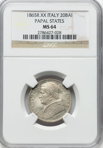 Vatican 1865 -  Pope Pius IX- 20 BAI - NGC MS64 - Beautiful Near Gem!