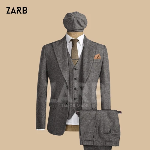Men's Gray Tweed Wool 3-Piece Suit, Peaky Blinders Wedding Custom Tailored