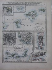 Mappa Vittoriana 1897 ~ Isole Baleari Canarie Gibilterra Lisbona Madrid Maiorca