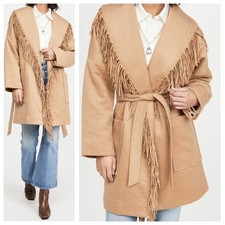 Divine Heritage Virgin Wool Tan Camel Shawl Collar Fringe Tie Belted Wrap Coat