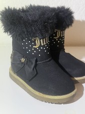 Juicy Couture Cozy Boots Girls Size 6 Black Suede Sparkly Rhinestone Faux Fur