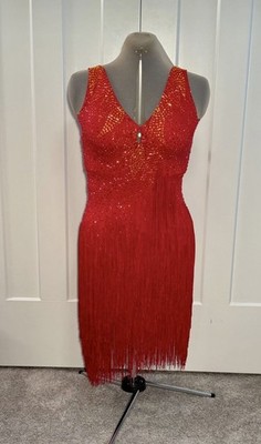Red Firey Pro latin rhythm ballroom competition dance dress M 