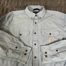 Carhartt Men's L Loose Fit Long Sleeve Button Up Work Shirt Chambray Blue Cotton