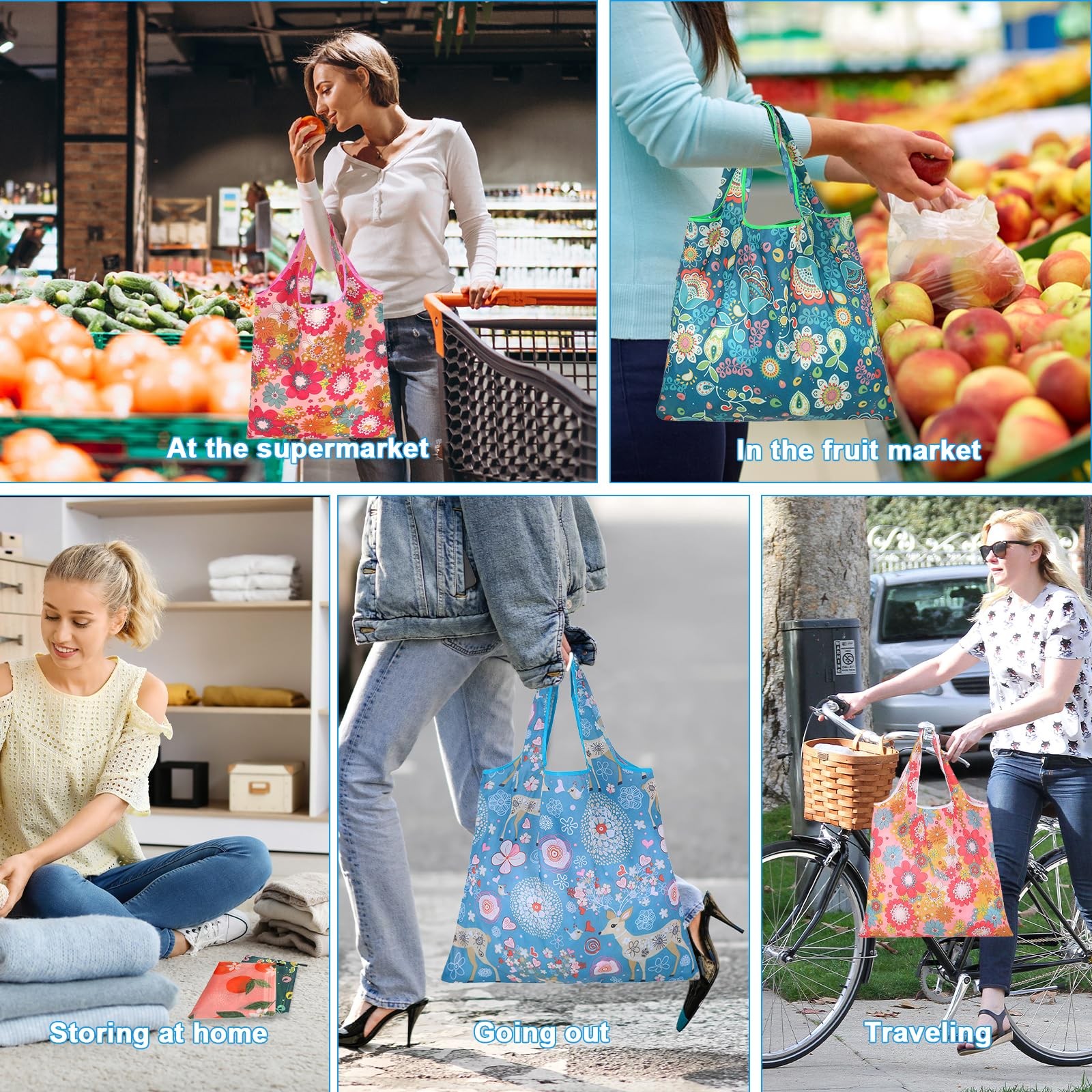 6 PCS Reusable Shopping Bags, Foldable, Washable, Waterproof Pouch, Tote,Grocery