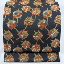 Japanese Silk Fukuro obi Ink color Thread spool Court pattern Foil Excellent 031