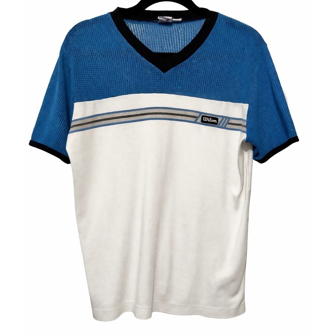 Vintage Wilson Mesh Tennis Shirt Mens Medium Blue White V-Neck