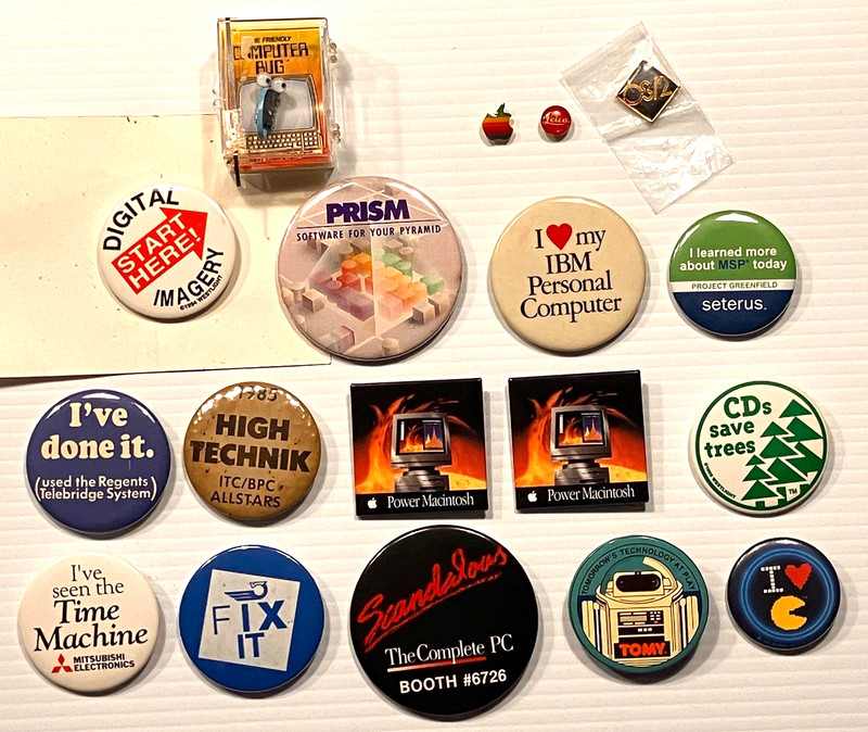 Vintage 1980s-90s Assorted Tech Pin-back buttons & lapel pins