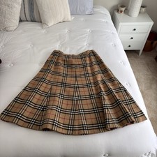Vintage Burberry Skirt Pleated Lined Wool Classic Nova Check Size 12 Made In UK