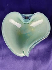 MCM Green Glass Pinched Trinket Dish Ashtray Table Art Bowl with Gold Flecks