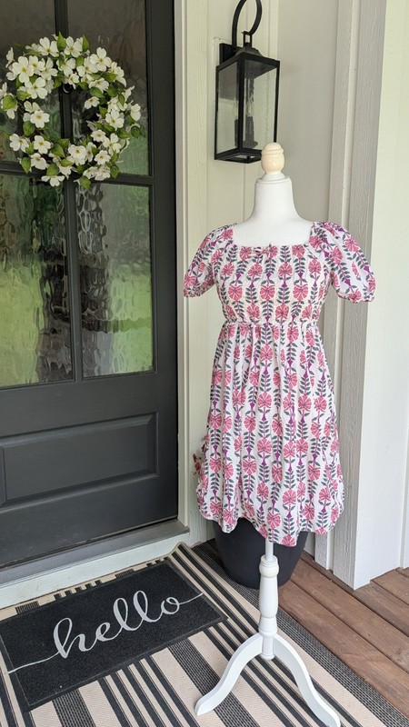 Crewcuts Girls Pink Floral Fit & Flare Dress 12 Smocked Square Neck Puff Sleeve